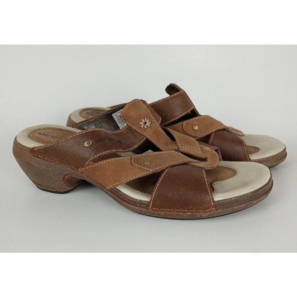 Merrell Brown Leather Sandals Heels Slip Ons Luxe Slide Mink Womens Size 8 - Picture 1 of 8